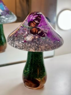 Unique Epoxy Mushroom W/ Butterflies & Flowers