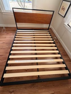 Metal Bed Frame with Wood Headboard