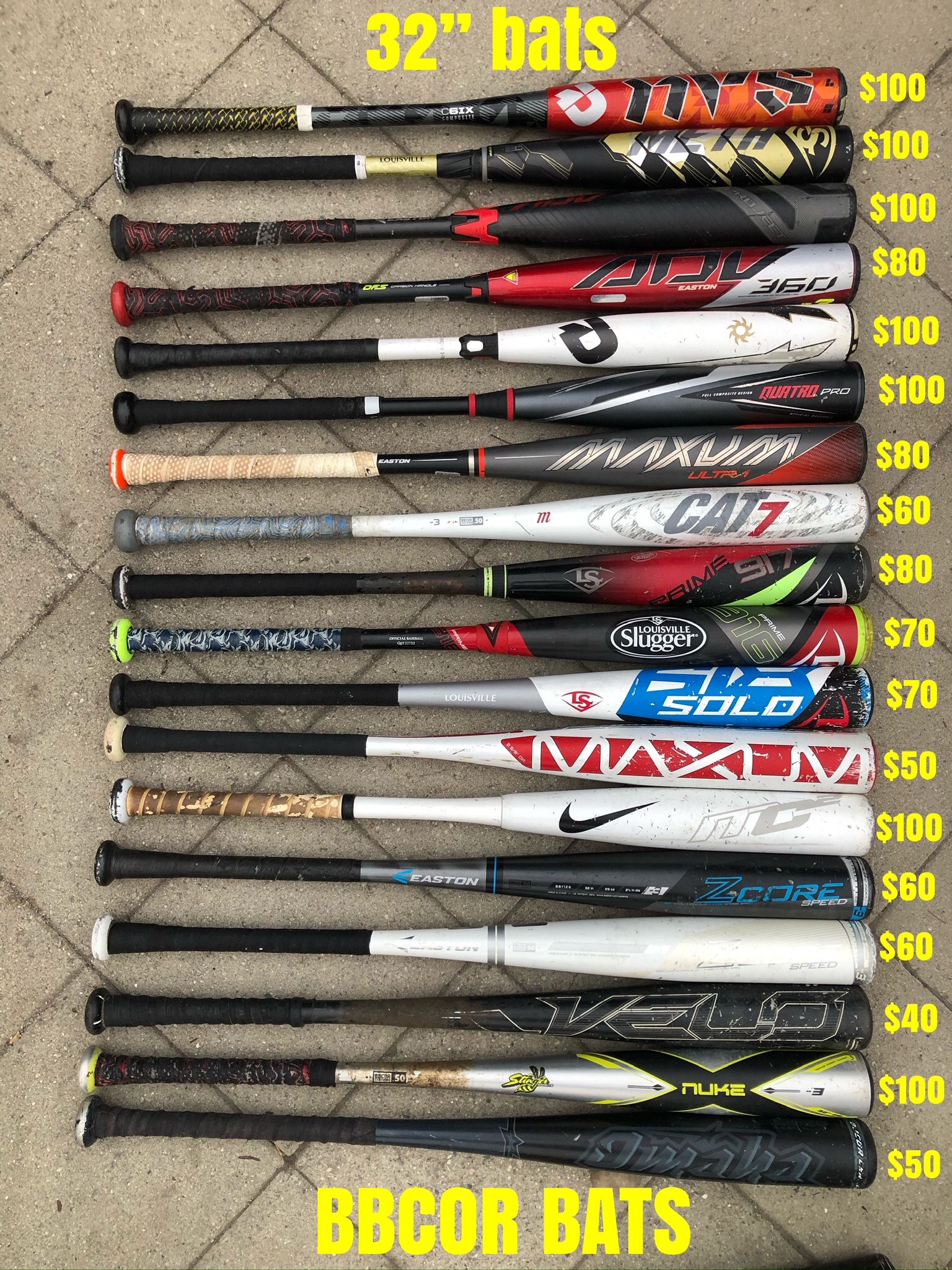 Baseball Bats 32” BBCOR Bat Prices Are Labeled In The Pictures Have More Equipment Available