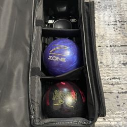 two bowling balls with the bag (one side is a little damaged) comes with 2 gadgets the bowling balls in excellent condition They weight 8 lbs each