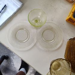 Uranium Glass Saucers And Glass