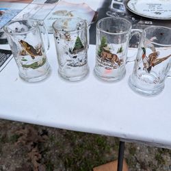Set of 4 Vintage Outdoor Life Series Libbey Glass Tankard Mugs With Deer, English Pointer, Mallard Duck & Fish - Hunting Scene Mugs

