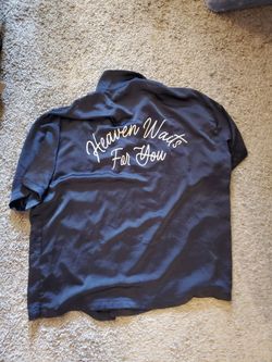 Men's Forever21 black button up shirt with "Heaven Waits for You" embroidered- XXL