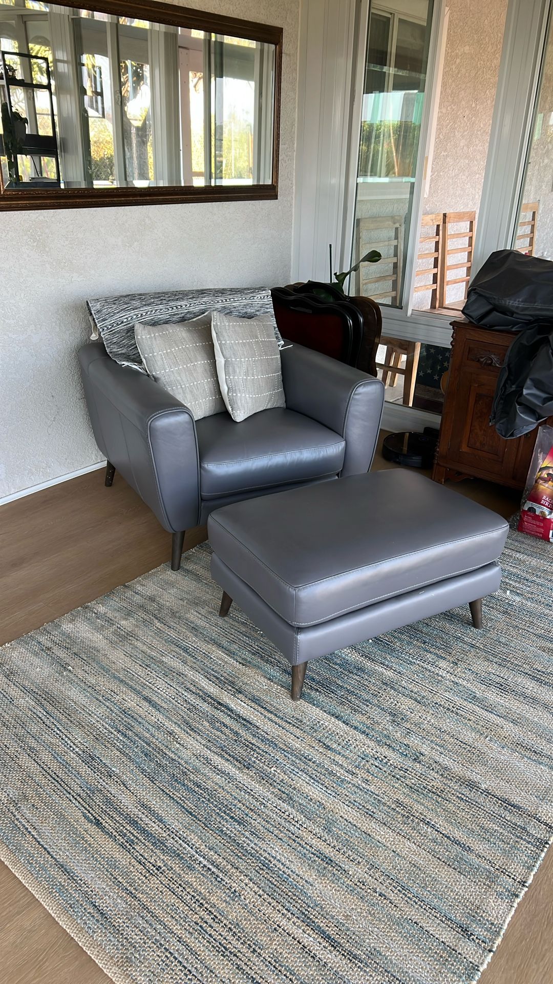 Grey Leather Chair W/ Ottoman