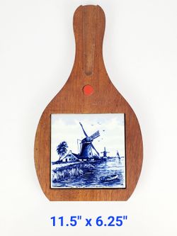 Vintage Wooden Cheese Board with Delft Windmill Tile