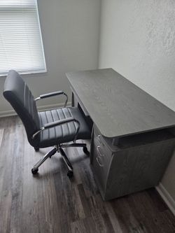 Gray Office Desk with Drawers and Gray Chair Set