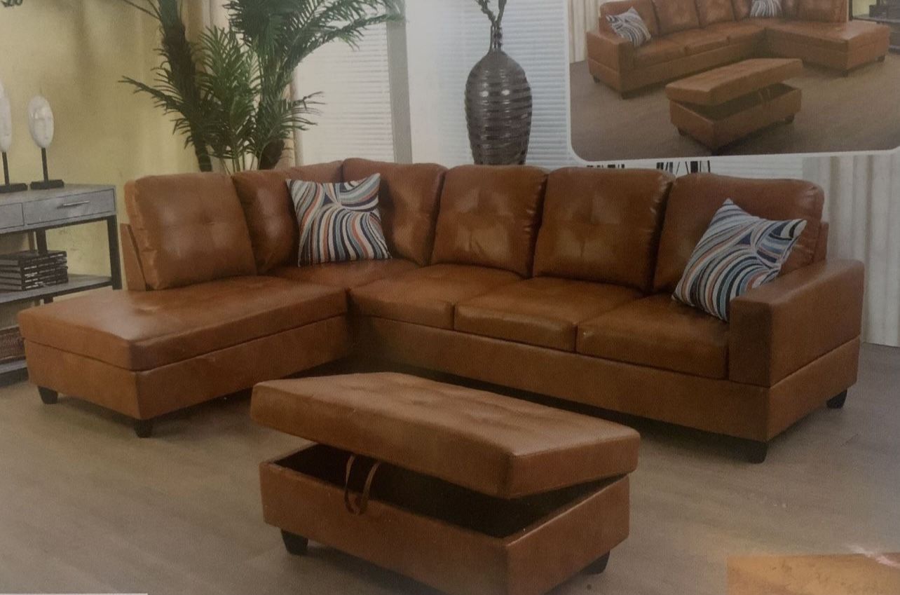 Carmel Leather Sectional Couch And Ottoman 