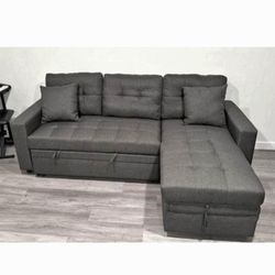Grey Sectional Sofa Pull- Out Bed With  Storage 