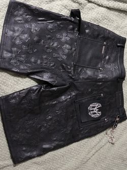 WATSON Leather Shorts Size 38 Black Cross Patches with Chain