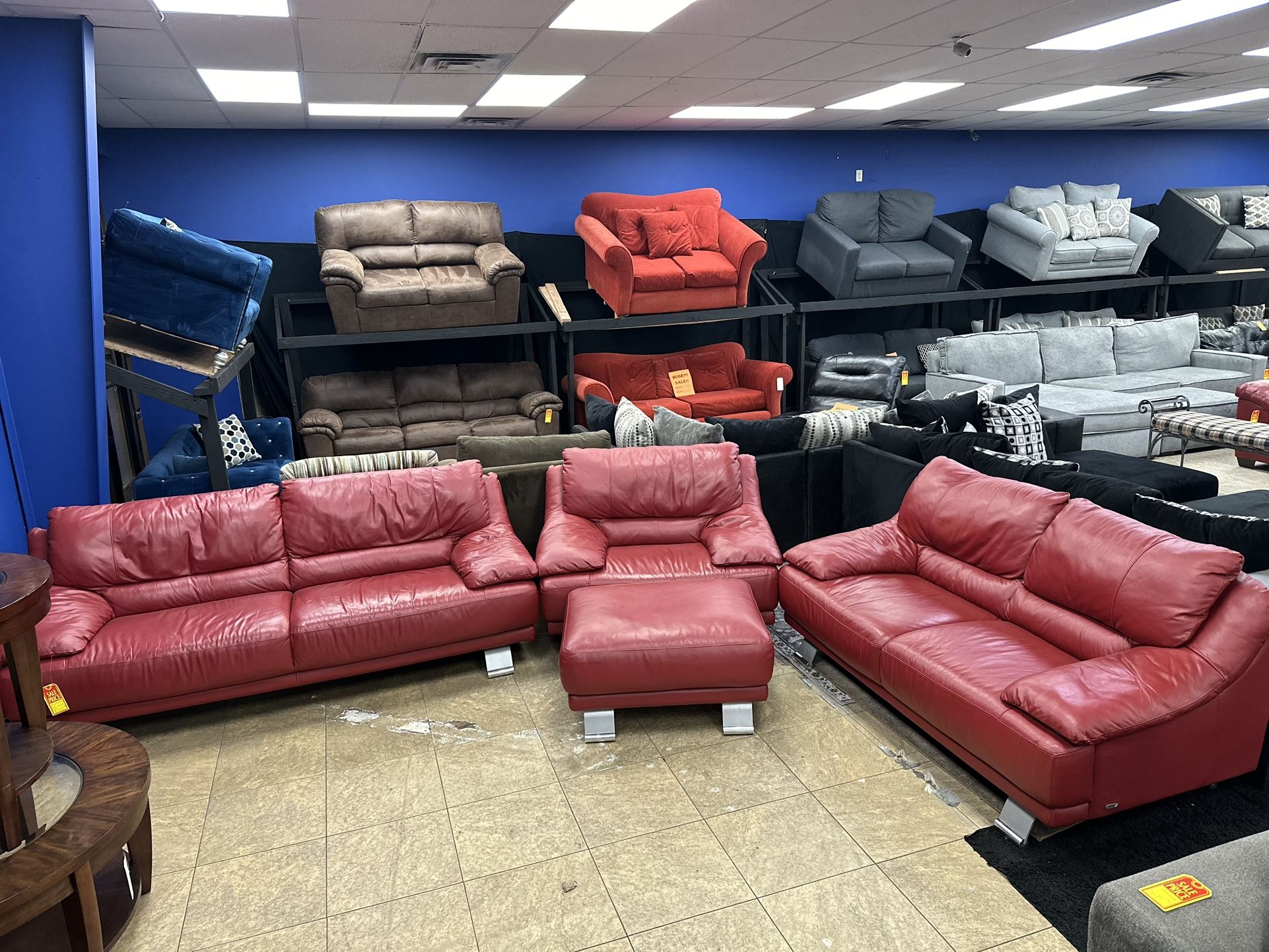 Great deal, 4 pc, red Italian leather sofa, loveseat, chair, & ottoman free delivery!!!!🚚