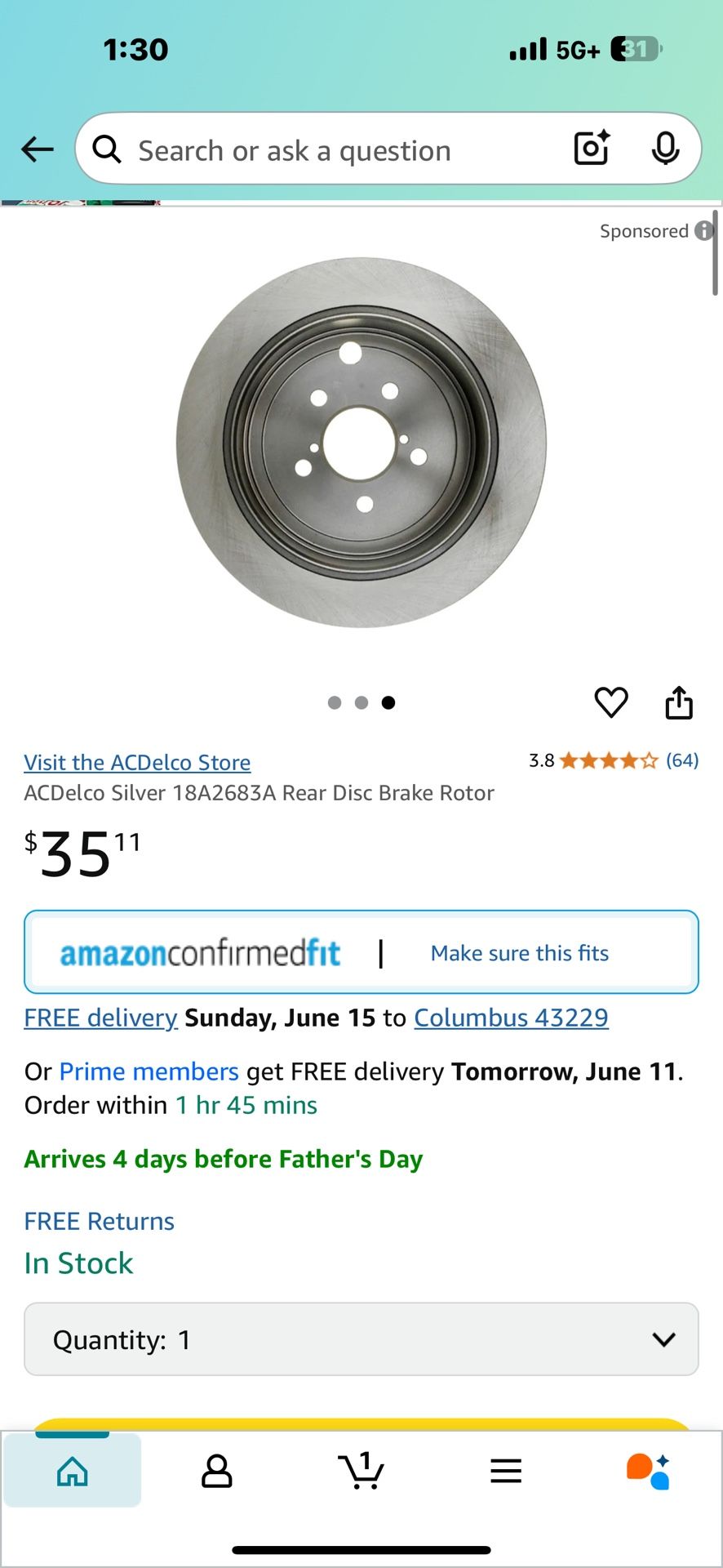 ACDelco Silver 18A2683A Rear Disc Brake Rotor $35' 3.8