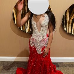 Red Mermaid Rhinestone Dress Size: Small (2)