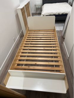 OEUF TWIN BED WITH TRUNDLE AND 3 DRAWER DRESSER WITH FREE BEAUTYREST MATTRESS