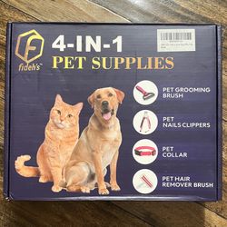 4-in-1 Pink Colored Pet Supplies Kit for Dogs and Cats, Grooming Detangler Brush, Nail Trimmer Clippers, Nylon Collar & Fur Hair Remover Roller *NEW*