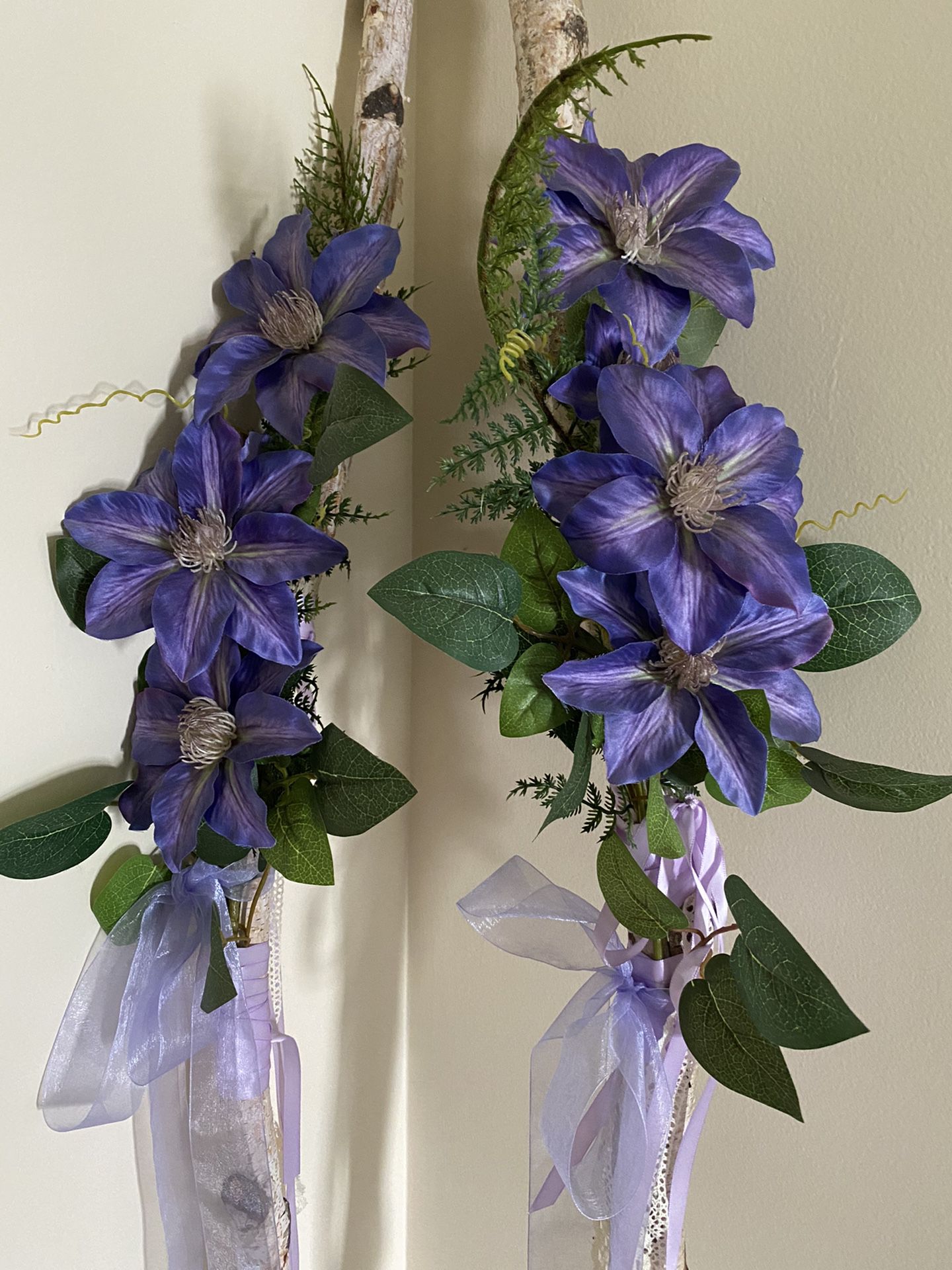Handmade Wedding Decor - Decorative Birch Posts With Purple Flowers
