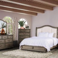 Brand New 4 PC Rustic Natural Tone Bedroom Set with Fabric Headboard