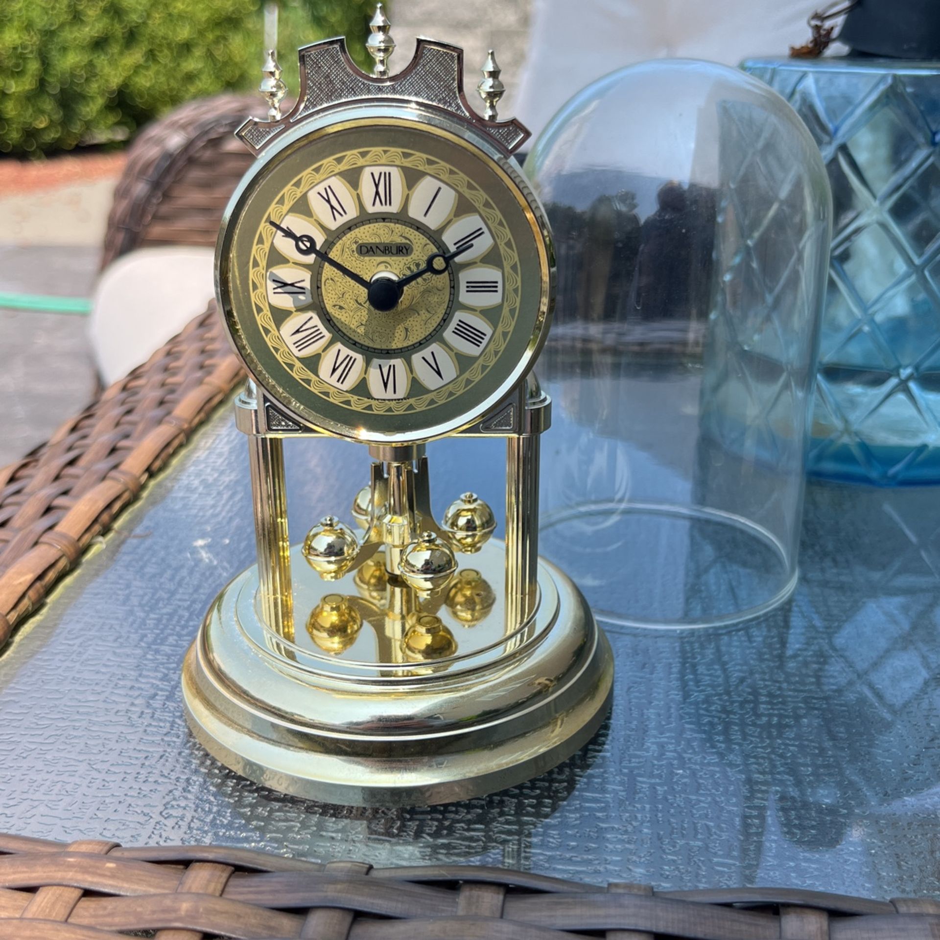 Vintage Danbury Germany Quartz Anniversary Clock, Sphere Pendulum, Glass Dome, Brass & Brass Finish, Works Perfect, 9.5” H, Free US Shipping