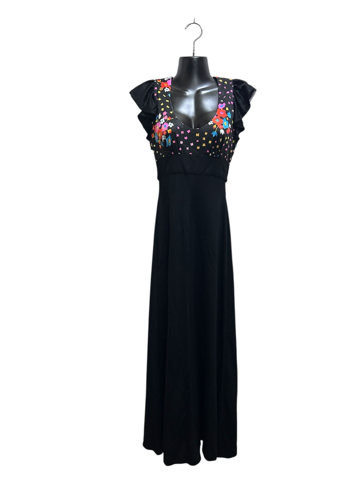 VTG Boho Handmade Retro Hippie Maxi Dress XS Black Floral Fairy Cottage Hippie