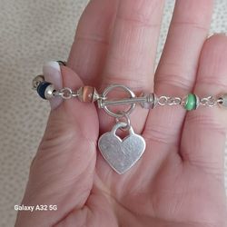 VTG.MEXICO STERLING SILVER  "CAT EYE" HEART BRACELET- 7.75 IN.