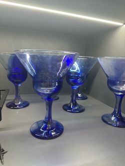 6 Libbey Cobalt Blue Large Martini Glasses Vintage Marbelique Swirl Design Stemware. Jupiter
