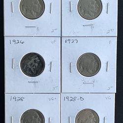 Six Buffalo Nickels 1925, 1925-S, 1926, 1927, 1928, 1928-D