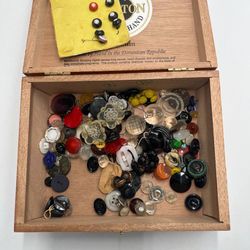 Vintage Button Lot Antique Glass Plastic Bakelite Mix Sewing Craft Cigar Box 