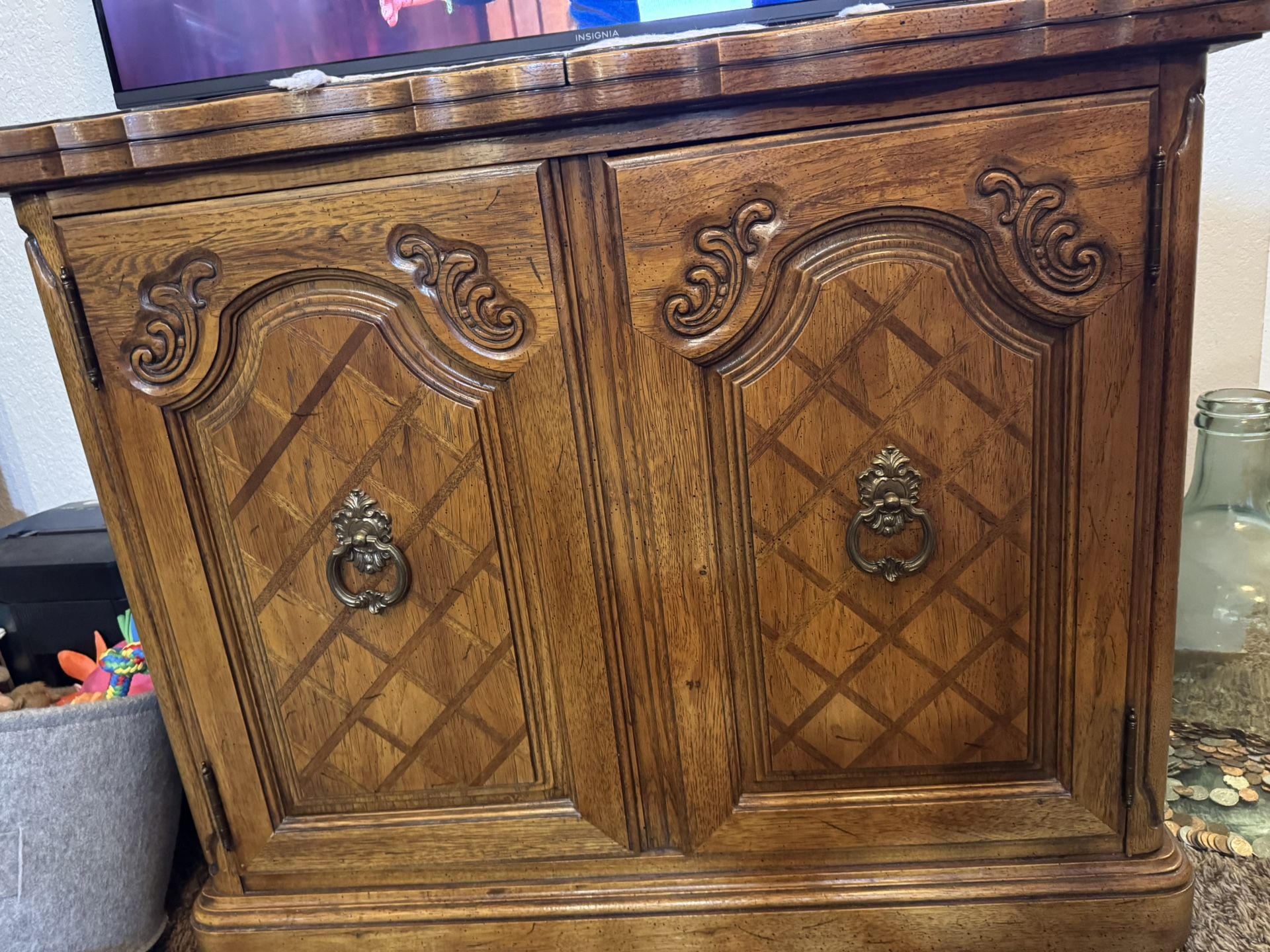 This is a Thomasville Camille Collection French Provincial flip-top server or buffet in pecan wood. 