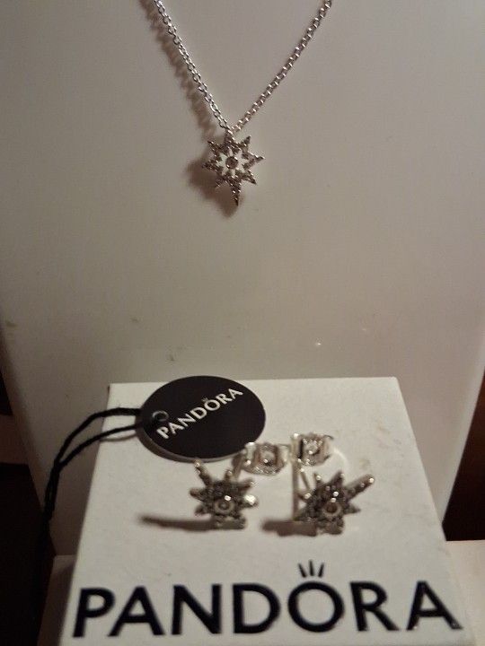 PANDORA AUTHENTIC BRAND NEW SPARKLING STERLING SILVER 2 PC NECKLESS AND EARRING SET