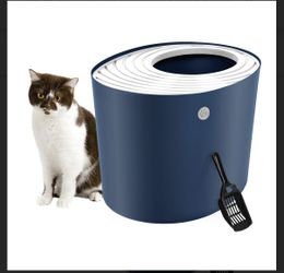 New IRIS USA Large Stylish Round Top Entry Cat Litter Box with Scoop, Curved Kitty Litter Pan with Litter Particle Catching Grooved Cover and Privacy 