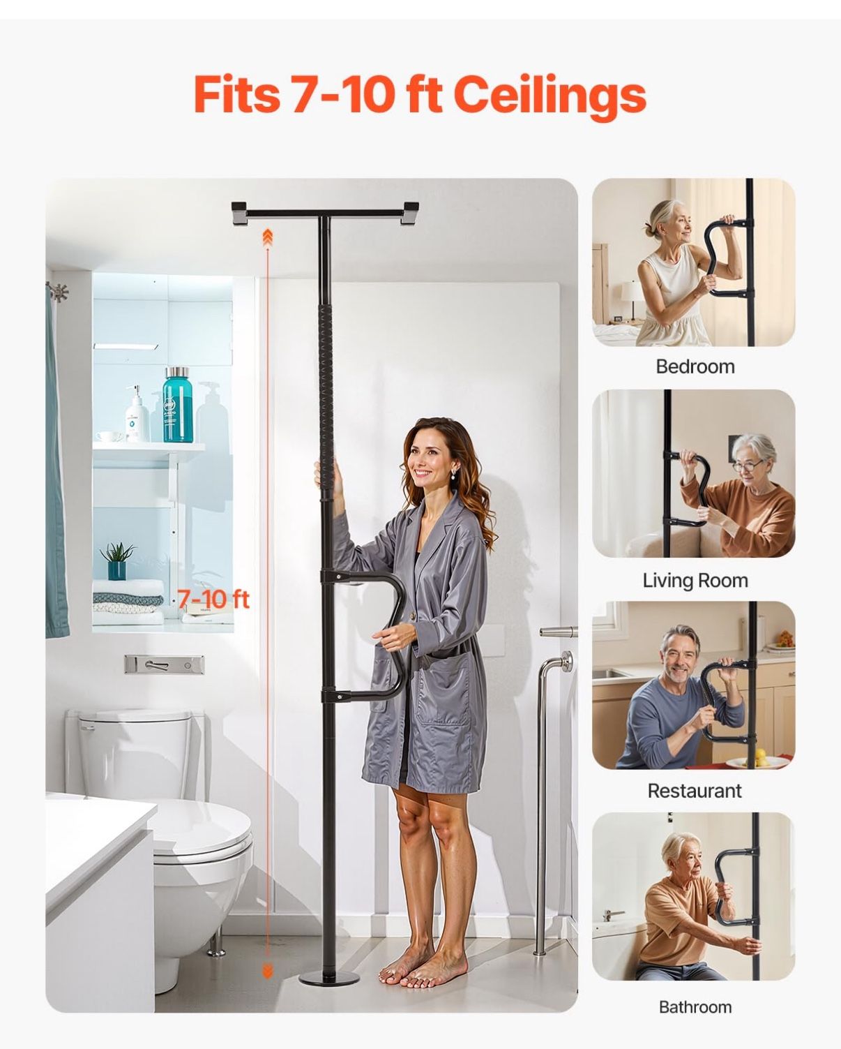 Floor-to-Ceiling Transfer Pole, Tension Mounted Bathroom Grab Bar with Anti-Slip Curve Handle, 300 Lbs