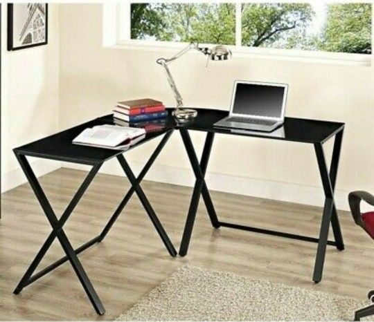 Computer Desk X-frame Glass & Metal L-shape Black/black