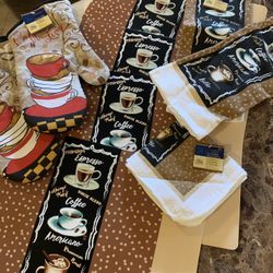 New Coffee Theme 4 Place Mats 2 Mittens 2 towel 1set Of dish rays 