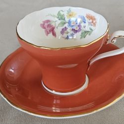 Aynsley Coral / Pink Demitasse Teacup & Saucer Flowers Tea Cup
