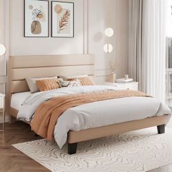Amolife Queen Bed Frame, Platform Bed Frame with Fabric Upholstered Headboard, Beige