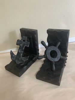 Vintage Brutalist Wooden Nautical Bookends Anchor Ship Wheel 1960s Rustic Matte