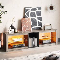 TV Stand for 70 inch TV, Gaming Entertainment Center for PS5, LED TV Cabinet with Glass Shelves for Living Room, 63'' Inch, Grey Wash