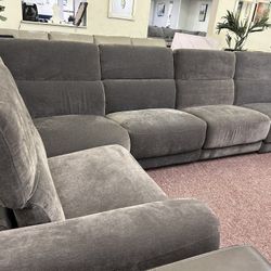 Furniture- 5 Pc Fabric Modular Sectional With 3 Power Recliners- Brownel
