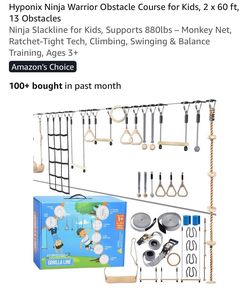 Hyponix Ninja Warrior Obstacle Course for Kids, 2 × 60 ft, 13 Obstacles Ninja Slackline for Kids, Supports 880lbs - Monkey Net, Ratchet-Tight Tech, Cl
