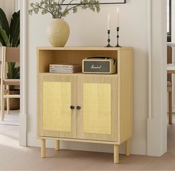 Rattan Door Storage Cabinet with Open Shelf