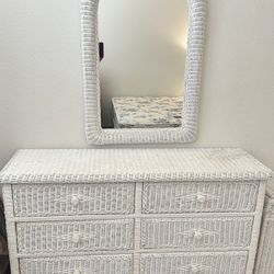 White wicker, dresser, and mirror