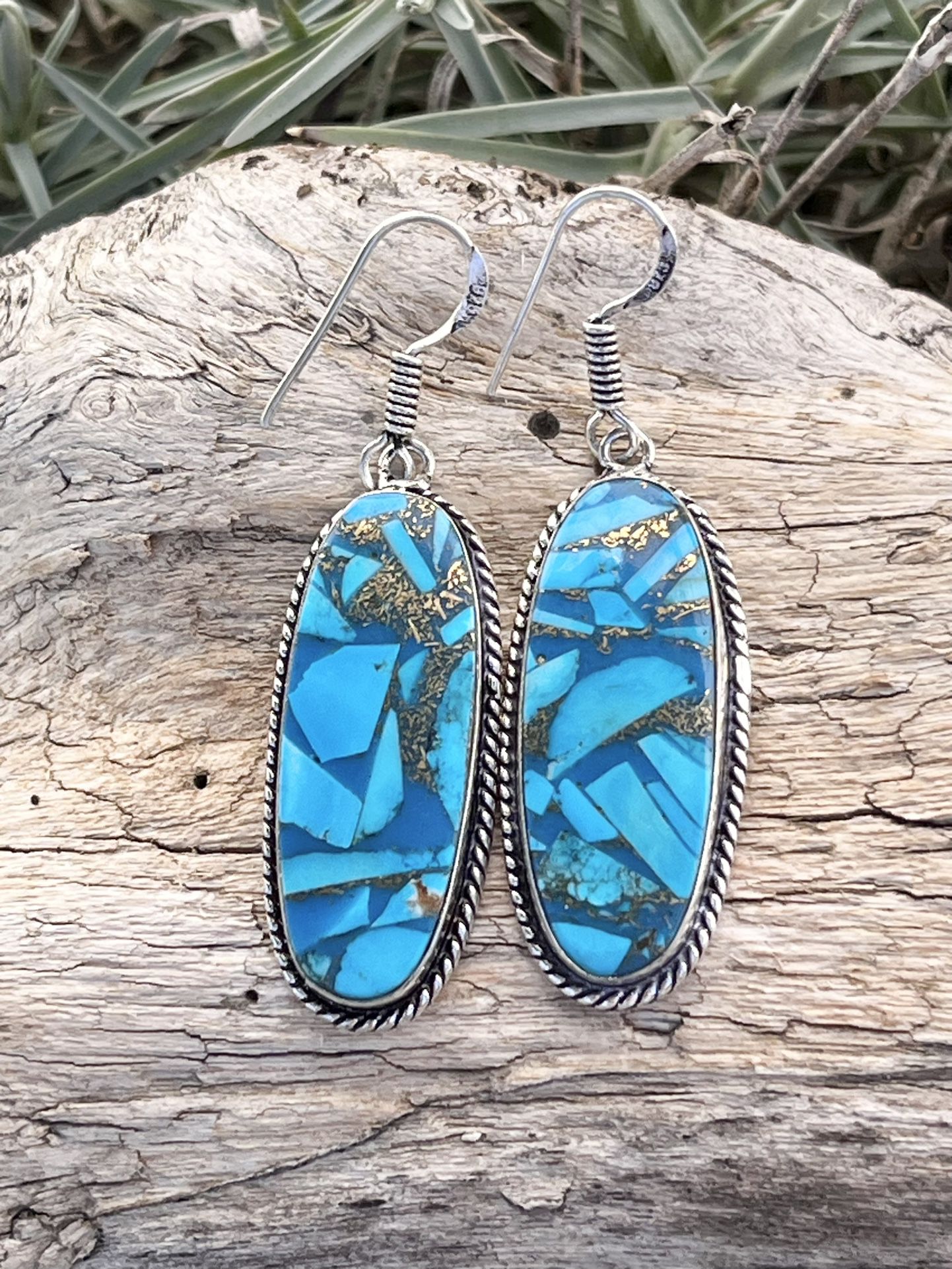 Copper Turquoise Mosaic 925 Silver 2” Earrings-AE57659
