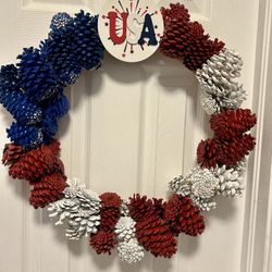 Decorative Custom Handmade Pinecone Wreath For Any Occasion – Red, White & Blue