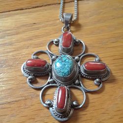 Sterling jewelry.  Vintage Sterling  turquoise cross and sterling chain 24inch. 