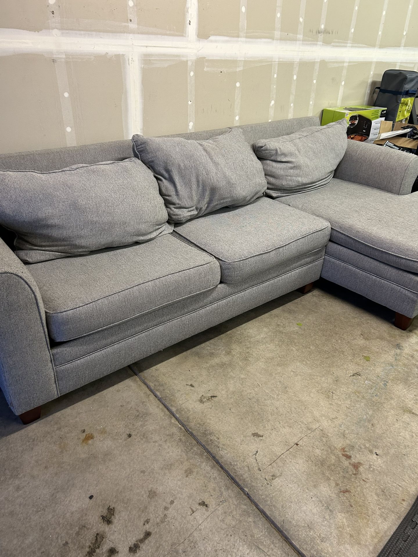 For Sale: Gray Sectional Sofa with Pull-Out Bed + Ottoman + 3 Brown Leather Bar Stools – South Sacramento!