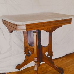 Antique Walnut And Marble End Table