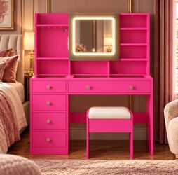 Hot Pink Vanity Desk with Lighted Mirror and Stool