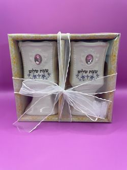 Ceramic Shabbat Shalom Candlesticks Or Kiddish Cup Pair Floral Judaica NIB