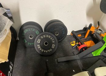 Plates, Bench, Squat/Catch Rack, Sled, Garage Mats