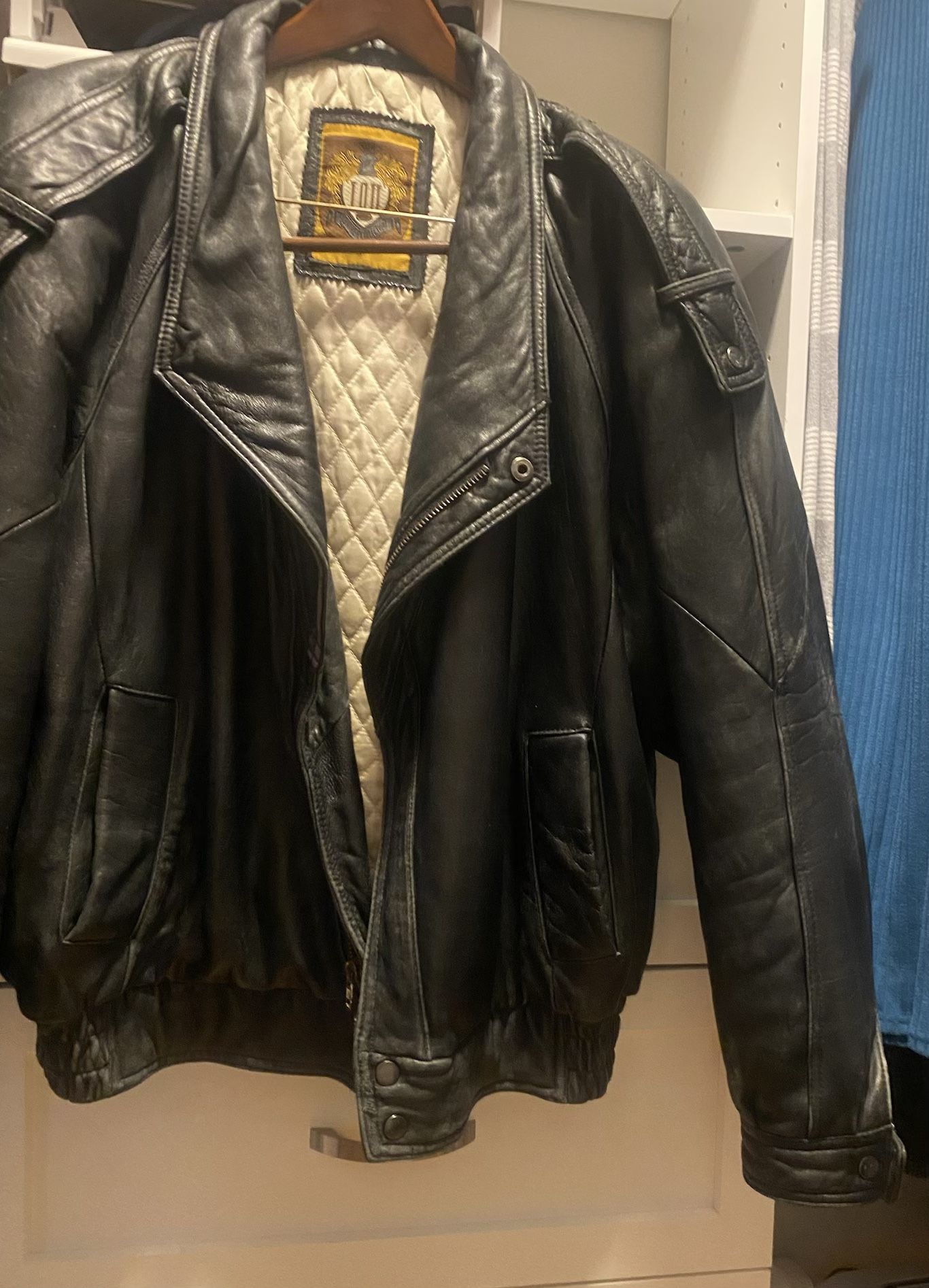 Vintage Black Leather Jacket – IOU Brand – Quilted Lining (Size L)