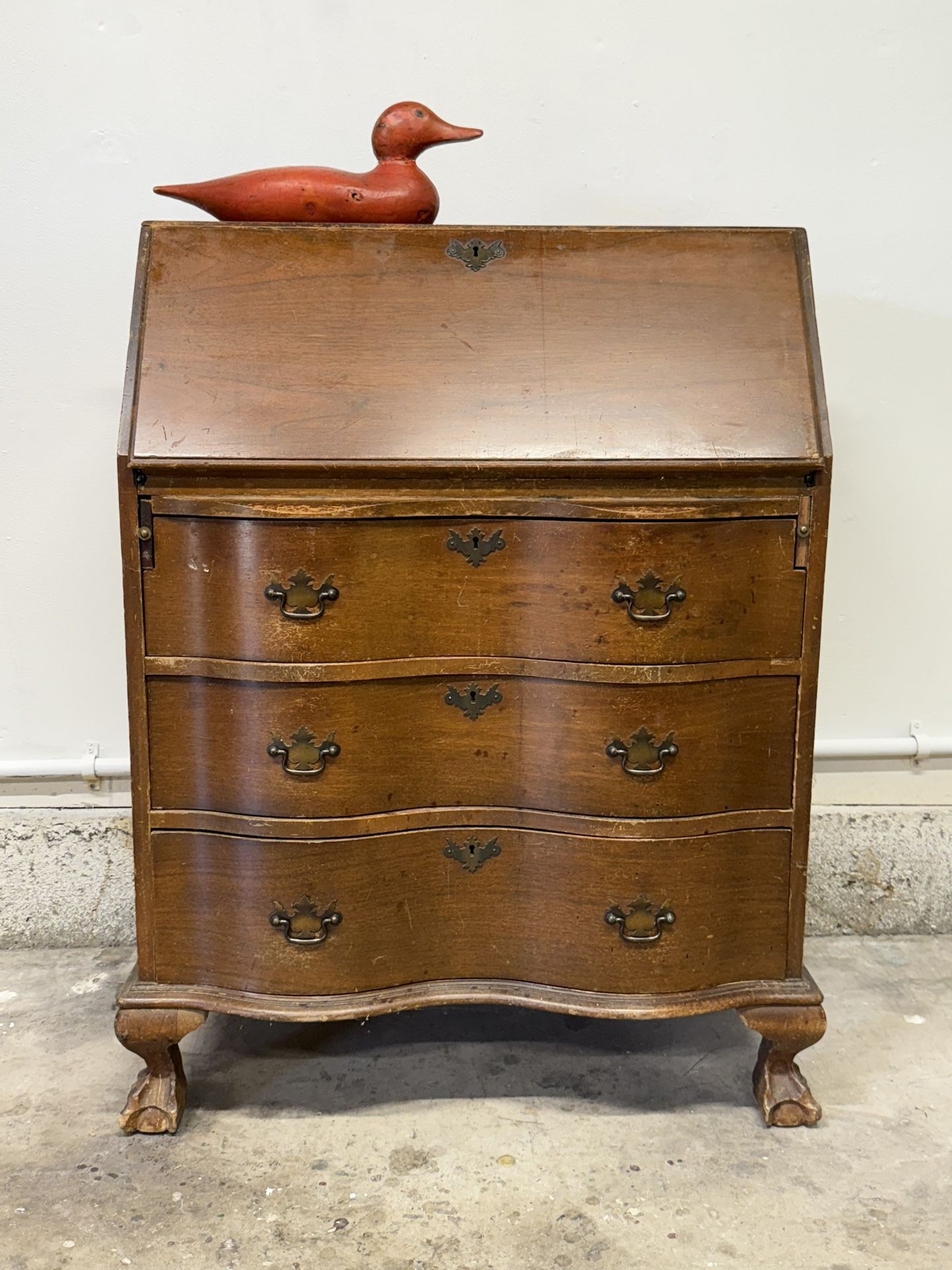 Antique secretary drop down desk, ball and claw feet